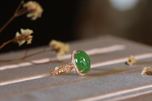 18K玫瑰金和田玉（碧玉)满钻戒指--锦华/蛋面10*14mm/苹果绿 商品图3