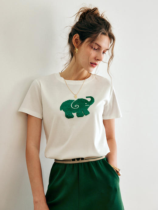 欧芮儿OLrain法式白色短袖T恤女夏季2022年新款小象绣纯棉上衣 商品图3