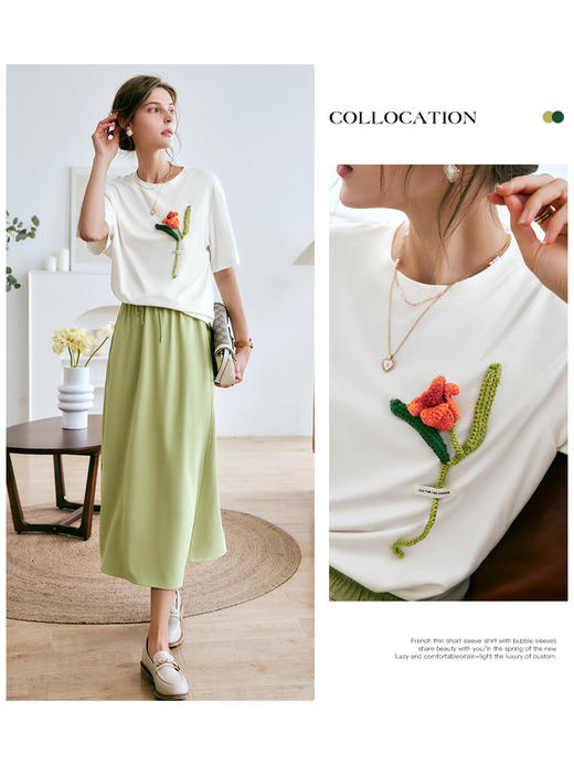 欧芮儿OLrain法式白色短袖t恤女夏季2022刺绣天丝独特别致上衣 商品图0