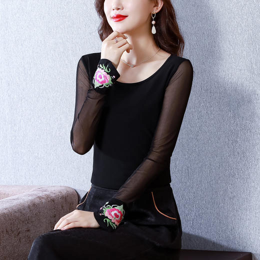 民族风刺绣打底衫，气质弹力紧身T恤KQL-H1918 商品图4