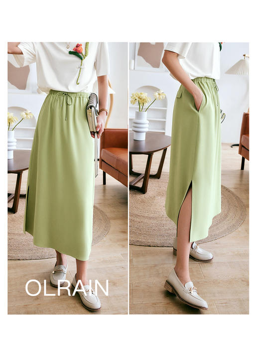 欧芮儿OLrain法式绿色半身裙女夏季2022新款高腰直筒开叉a字裙 商品图1