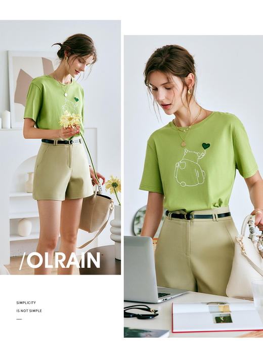 欧芮儿OLrain法式绿色短袖t恤女夏季2022新款宽松薄款高级感上衣 商品图1