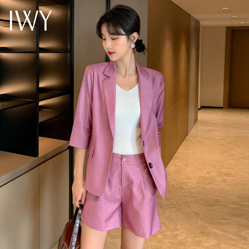 IWY/西装套装女短袖粉紫色设计感薄款西服短袖时尚女套装ACP63