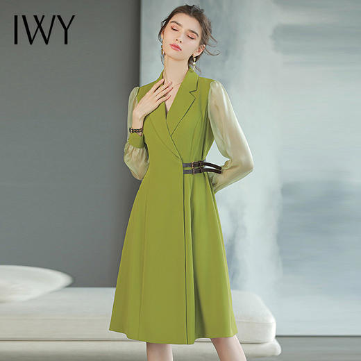 IWY/香草绿色西装连衣裙女长袖时尚气质收腰显瘦裙子Q729a字裙大摆裙 商品图4