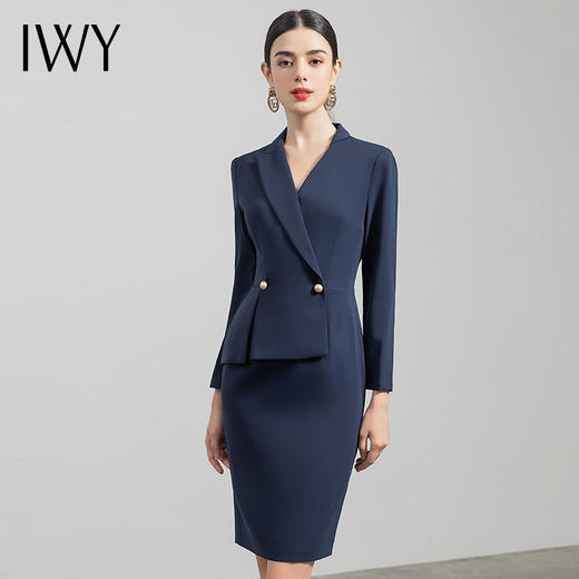 IWY/职业西装连衣裙女售楼部新款V领收腰藏青色法式显瘦裙子OL工装q520 商品图1