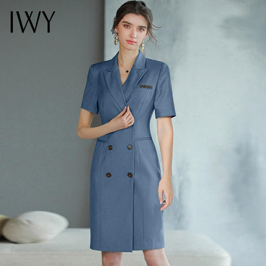 IWY/高端白领职业连衣裙女蓝色短袖款双排扣西装裙设计款通勤女装Q745 商品图2