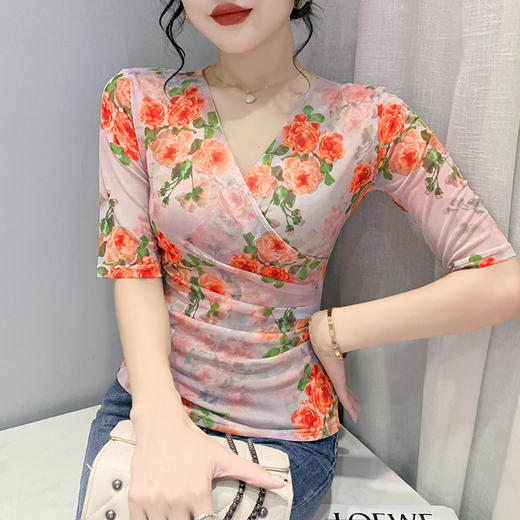 夏季新款，性感网纱V领印花T恤修身中袖时尚上衣KQL-9882 商品图1