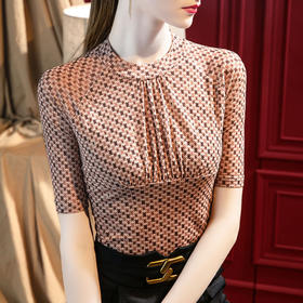 格子撞色圆领网纱衫，弹力收腰半袖上衣SG-T2Q2792