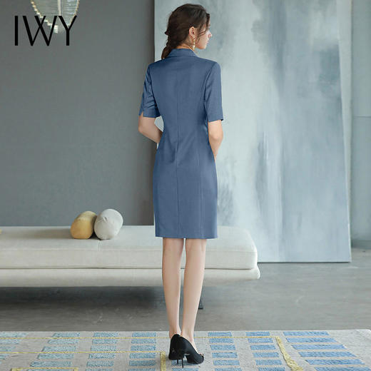 IWY/高端白领职业连衣裙女蓝色短袖款双排扣西装裙设计款通勤女装Q745 商品图3