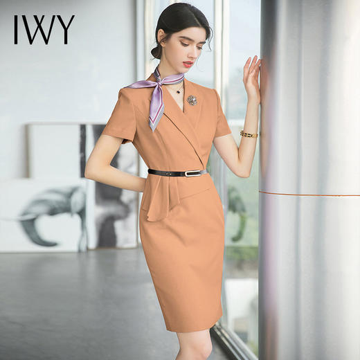 IWY/橘色工衣女高端珠宝店销售工作服假两件设计感职业连衣裙短袖Q707 商品图2