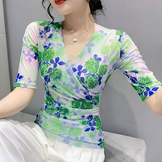 夏季新款，性感网纱V领印花T恤修身中袖时尚上衣KQL-9882 商品图2