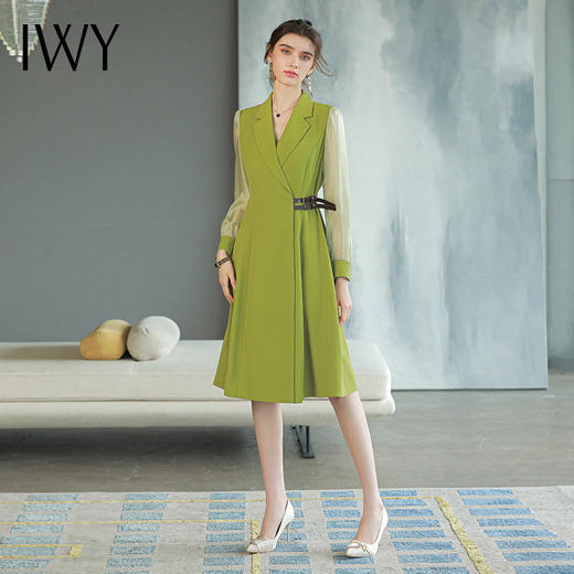 IWY/香草绿色西装连衣裙女长袖时尚气质收腰显瘦裙子Q729a字裙大摆裙 商品图2