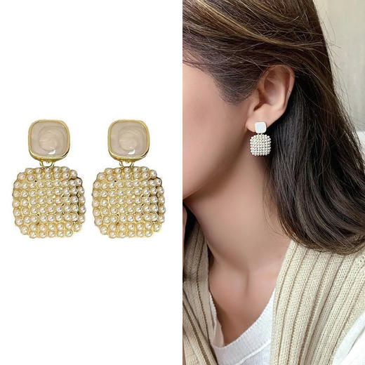 JU-A31062韩国感米粒珍珠耳环女气质简约百搭耳钉小众设计感方形耳坠饰 商品图1
