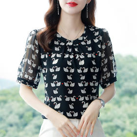 MZ803592  夏季设计感小众休闲宽松百搭减龄白天鹅印花蕾丝拼接2022新款上衣