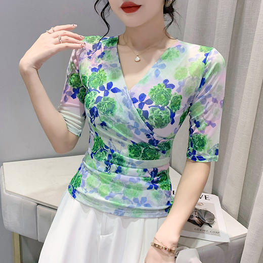 夏季新款，性感网纱V领印花T恤修身中袖时尚上衣KQL-9882 商品图0