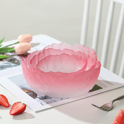 清爽夏日不规则玻璃锤纹沙拉碗套装莲雾粉渐变色网红家用水果盘 商品图3