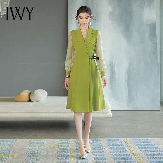 IWY/香草绿色西装连衣裙女长袖时尚气质收腰显瘦裙子Q729a字裙大摆裙 商品图1