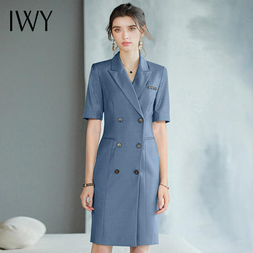 IWY/高端白领职业连衣裙女蓝色短袖款双排扣西装裙设计款通勤女装Q745 商品图1