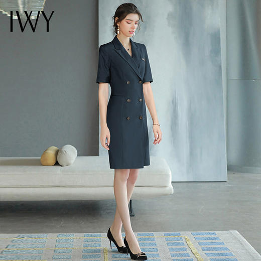 IWY/气质干练短袖西装连衣裙女藏青色高端职业装显瘦售楼部工作服Q745 商品图1