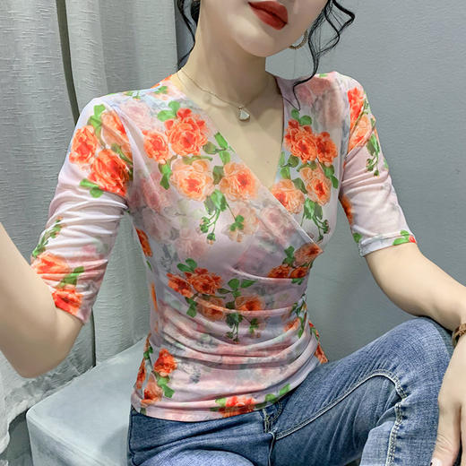 夏季新款，性感网纱V领印花T恤修身中袖时尚上衣KQL-9882 商品图3