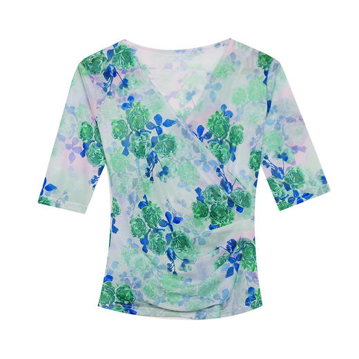 夏季新款，性感网纱V领印花T恤修身中袖时尚上衣KQL-9882 商品图4