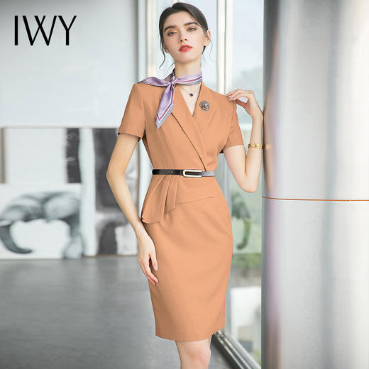 IWY/橘色工衣女高端珠宝店销售工作服假两件设计感职业连衣裙短袖Q707 商品图1