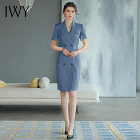 IWY/高端白领职业连衣裙女蓝色短袖款双排扣西装裙设计款通勤女装Q745