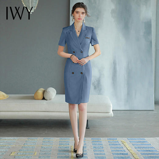 IWY/高端白领职业连衣裙女蓝色短袖款双排扣西装裙设计款通勤女装Q745 商品图0