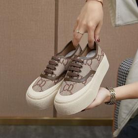 JYXY-VDC-A060新款时尚气质帆布面字母拼网猪皮内里松糕厚底绑带休闲鞋