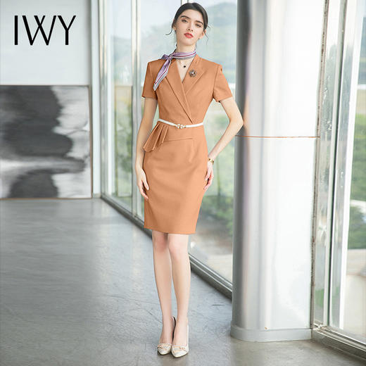 IWY/橘色工衣女高端珠宝店销售工作服假两件设计感职业连衣裙短袖Q707 商品图0
