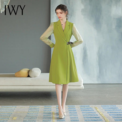 IWY/香草绿色西装连衣裙女长袖时尚气质收腰显瘦裙子Q729a字裙大摆裙 商品图0