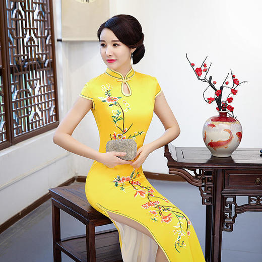 AQYB6939定位花双层水滴领短袖长款旗袍2022新款女走秀演出服 商品图0