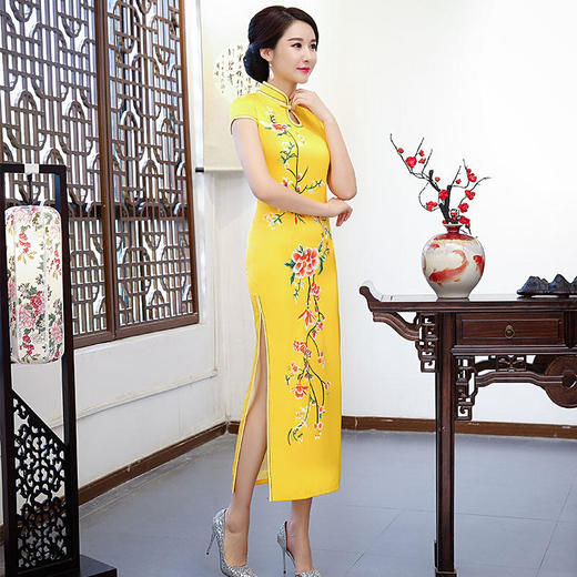 AQYB6939定位花双层水滴领短袖长款旗袍2022新款女走秀演出服 商品图1