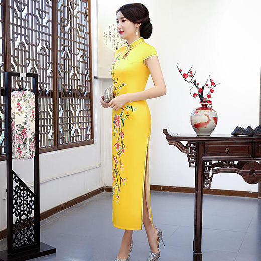 AQYB6939定位花双层水滴领短袖长款旗袍2022新款女走秀演出服 商品图2