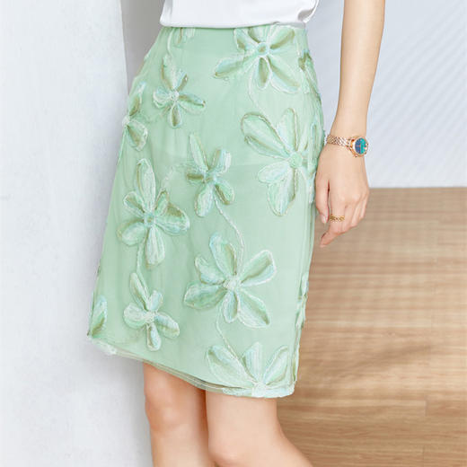 气质通勤，蕾丝绿色不规则a字时尚印花半身裙YZ-337 商品图0