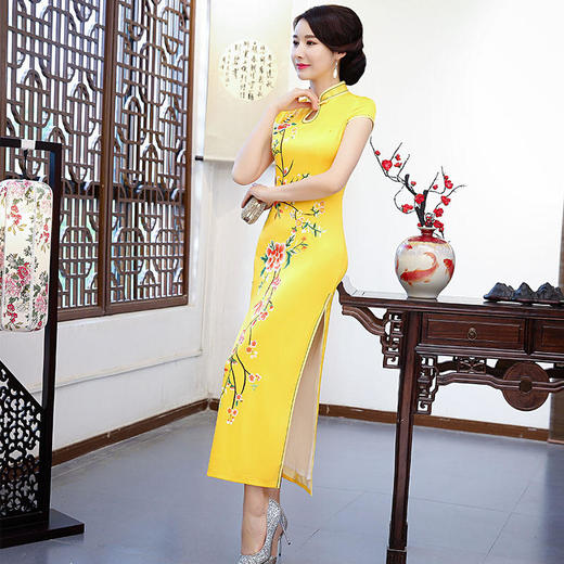 AQYB6939定位花双层水滴领短袖长款旗袍2022新款女走秀演出服 商品图3