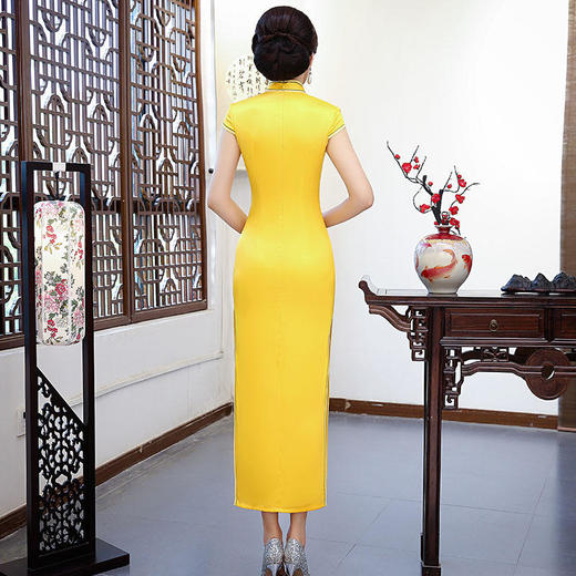 AQYB6939定位花双层水滴领短袖长款旗袍2022新款女走秀演出服 商品图4