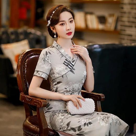 ST-B2049新款灰色水墨修身旗袍中国风V领时尚旗袍短袖礼服 商品图3