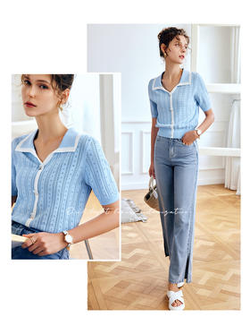 OLrain法式高级穿搭蓝色短袖针织衫女夏季2022年新款修身薄款上衣