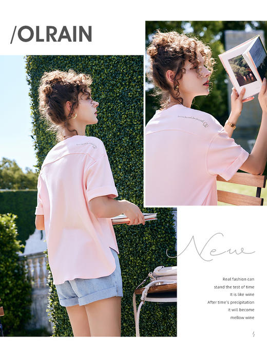 欧芮儿OLrain法式粉色短袖T恤女夏季2022新款宽松时尚刺绣上衣 商品图4