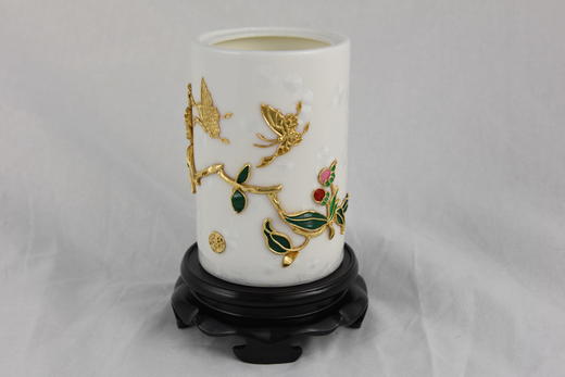 中华老字号蔡氏漆线雕结晶釉山茶花笔筒 商品图0