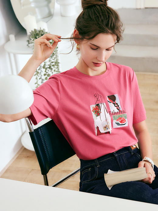 欧芮儿OLrain法式短袖t恤女夏季2022新款时尚宽松印花减龄上衣 商品图3