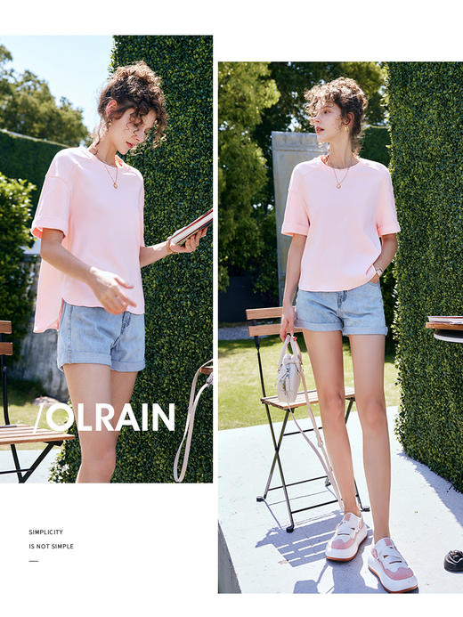 欧芮儿OLrain法式粉色短袖T恤女夏季2022新款宽松时尚刺绣上衣 商品图3