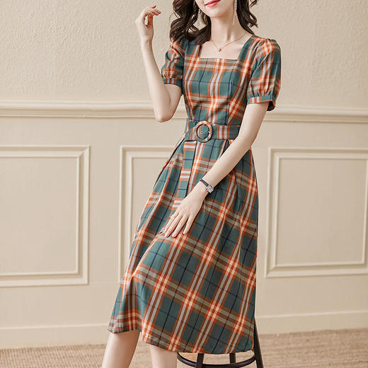 DSYP-DS21086新款法式时尚气质方领短袖格子连衣裙 商品图3