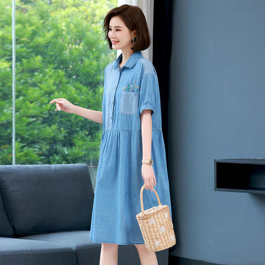 HR-WX05019  2022夏季新款拼接文艺复古刺绣花牛仔衬衫裙 商品图2