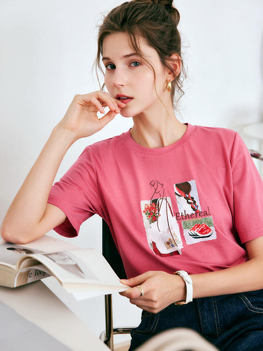 欧芮儿OLrain法式短袖t恤女夏季2022新款时尚宽松印花减龄上衣 商品图1