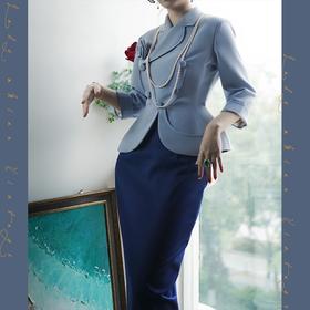 1208#【复团】喵娘精工丨定制《青鸟与诗》50s复古vintage画报收腰蓝色气质套装