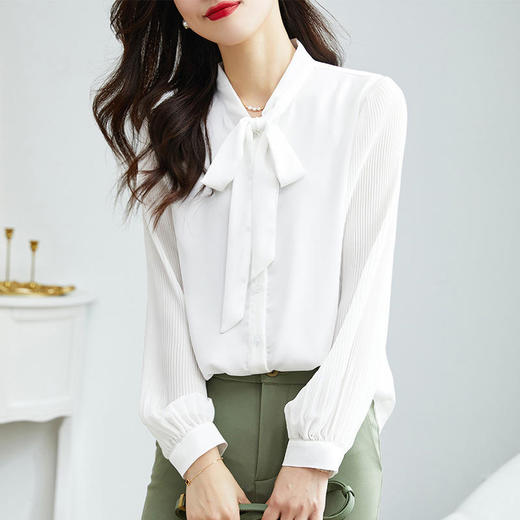 JZYFS109J新款时尚气质休闲蝴蝶结飘带长袖百褶雪纺衬衫 商品图1