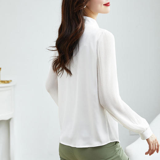 JZYFS109J新款时尚气质休闲蝴蝶结飘带长袖百褶雪纺衬衫 商品图2