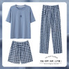 【79元/三件套】全棉情侣款睡衣三件套 简约格纹薄款圆领家居服纯棉短袖+短裤+长裤 商品缩略图1